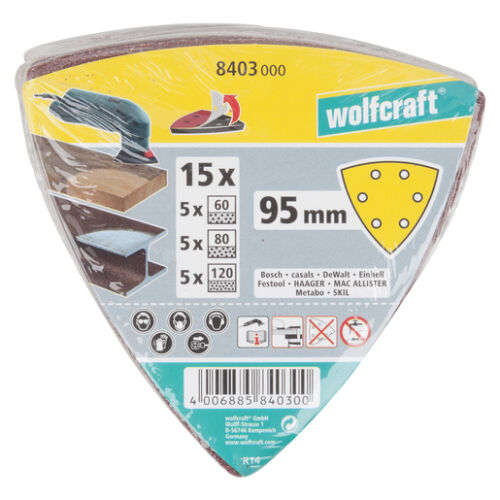Papier szlifierski 95 mm Wolfcraft - gr. 60/80/120, perforowany, na rzep [15 szt.]