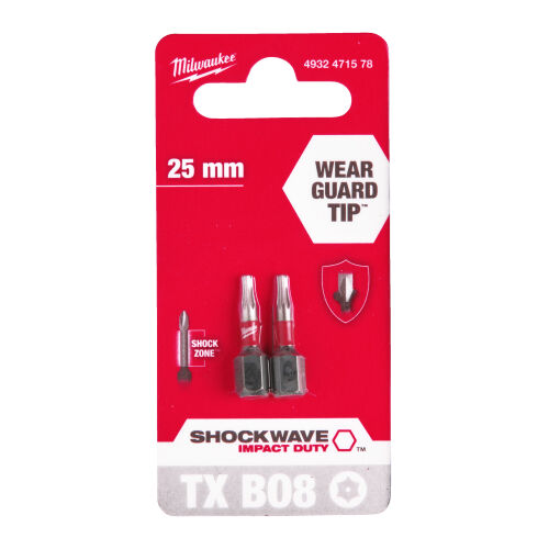 Bity udarowe ShW TX BO8 25mm 2 szt TORX z otworem Milwaukee