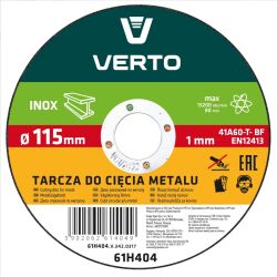 Tarcza tnąca do stali nierdzewnej INOX 115 x 1.0 x 22.2 mm 61H404 VERTO